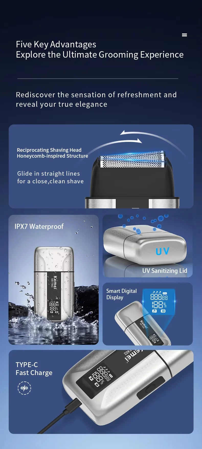Silberner Elektrofach-Rasierer mit IPX7-Wasserfestigkeit, UV-Desinfektionsdeckel und USB-C-Schnellladung