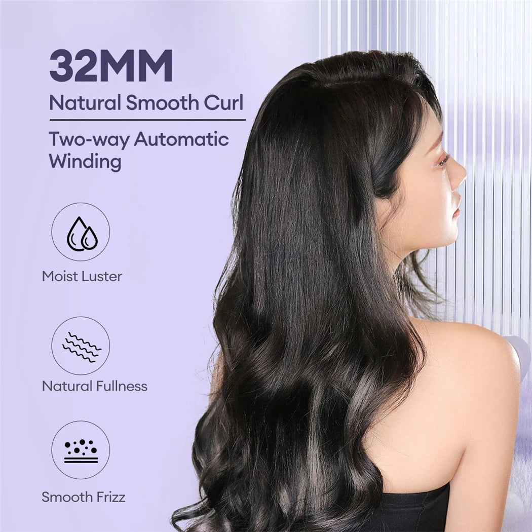 A woman's dark hair is shown being styled with a 32mm natural smooth curl using a two-way automatic winding tool.