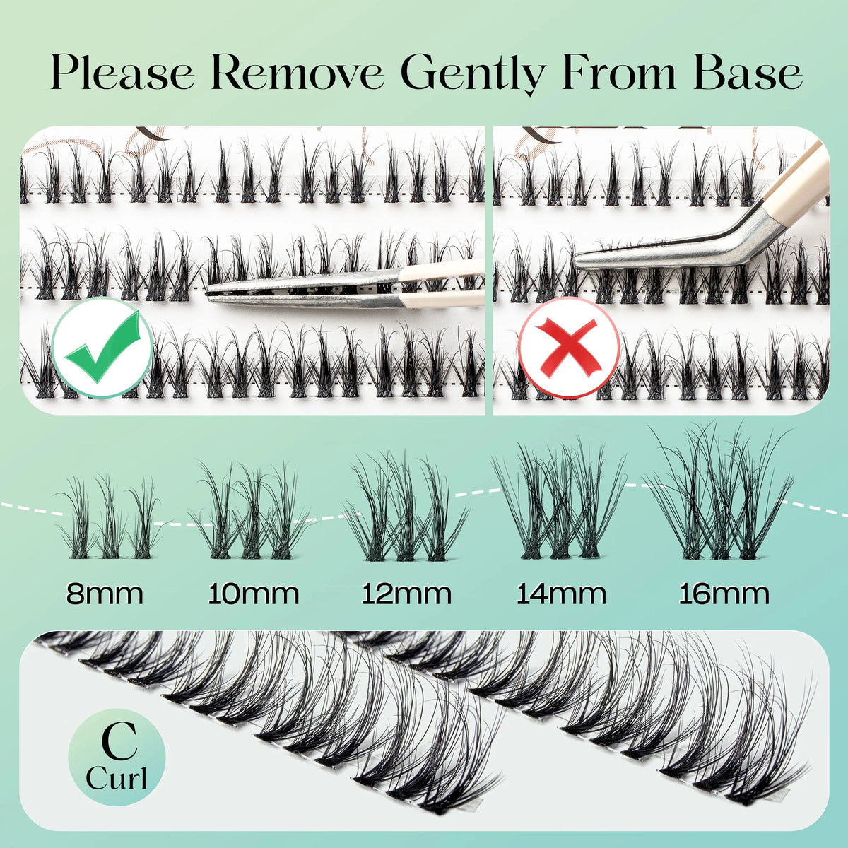 A display of various lengths of black eyelash clusters ranging from 8mm to 16mm, demonstrating gentle removal from the base.