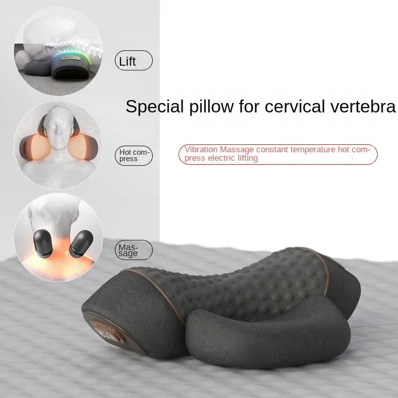 A black electric pillow designed as a special pillow for cervical vertebrae, shown next to usage instructions.