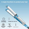 A blue and silver dual purpose hair styling iron shown with features like fast heating, anti-scald design, and temperature ad
