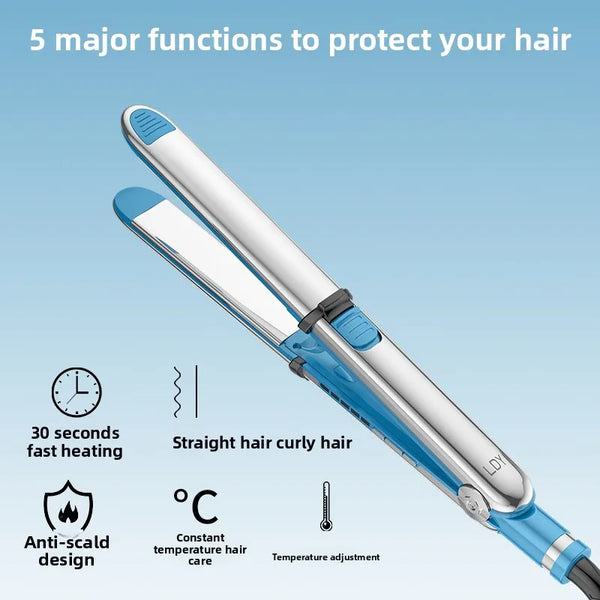 A blue and silver dual purpose hair styling iron shown with features like fast heating, anti-scald design, and temperature ad
