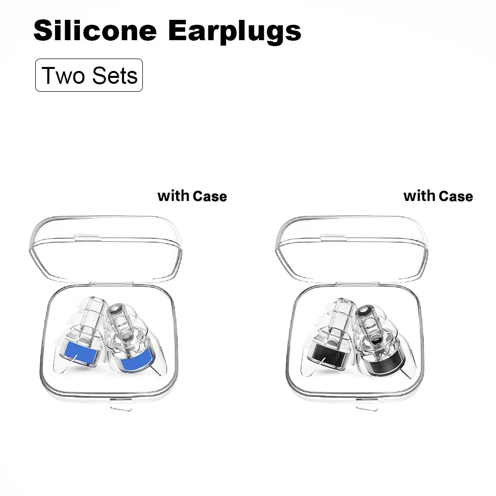 Two sets of silicone earplugs shown with and without their storage cases.