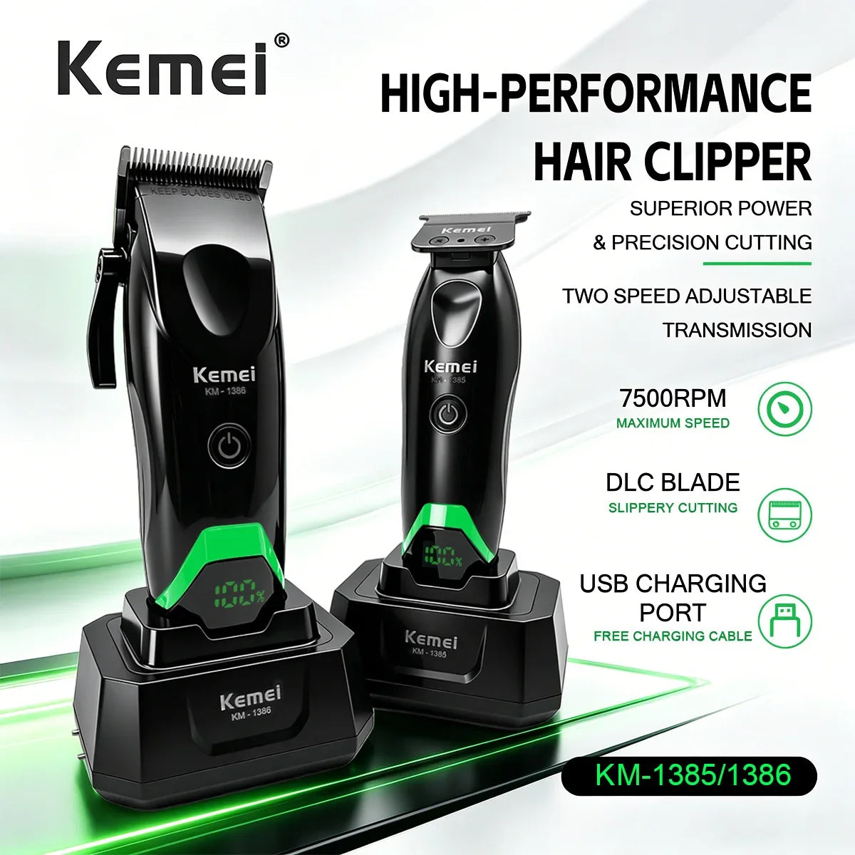 Black Kemei high-performance hair clipper with green accents and charging port shown on a green surface.
