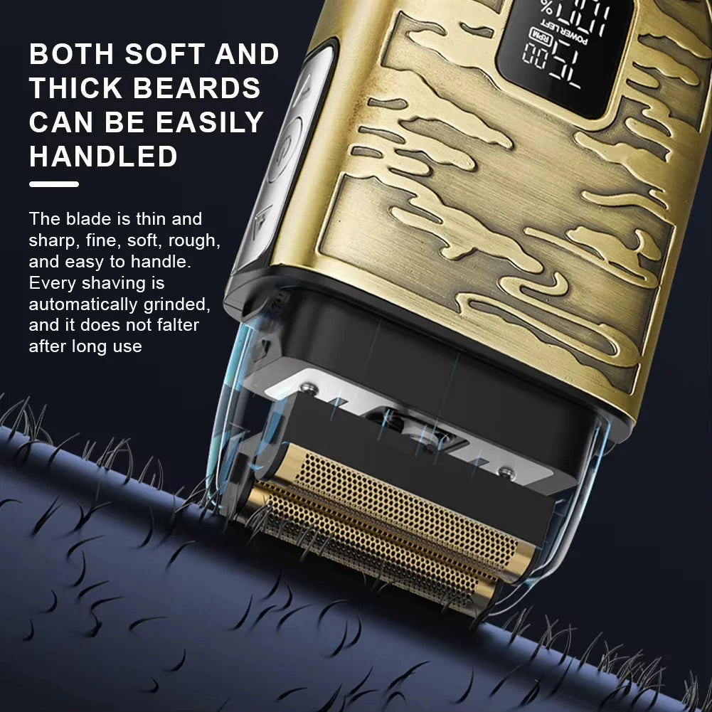 Close-up of a gold electric shaver with a shaving head resting on a dark beard.