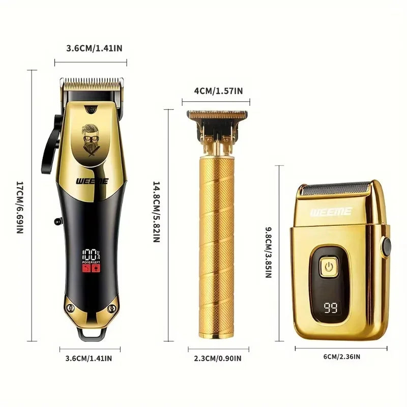A vintage gold-colored cordless hair cutting machine shown with various dimensions.