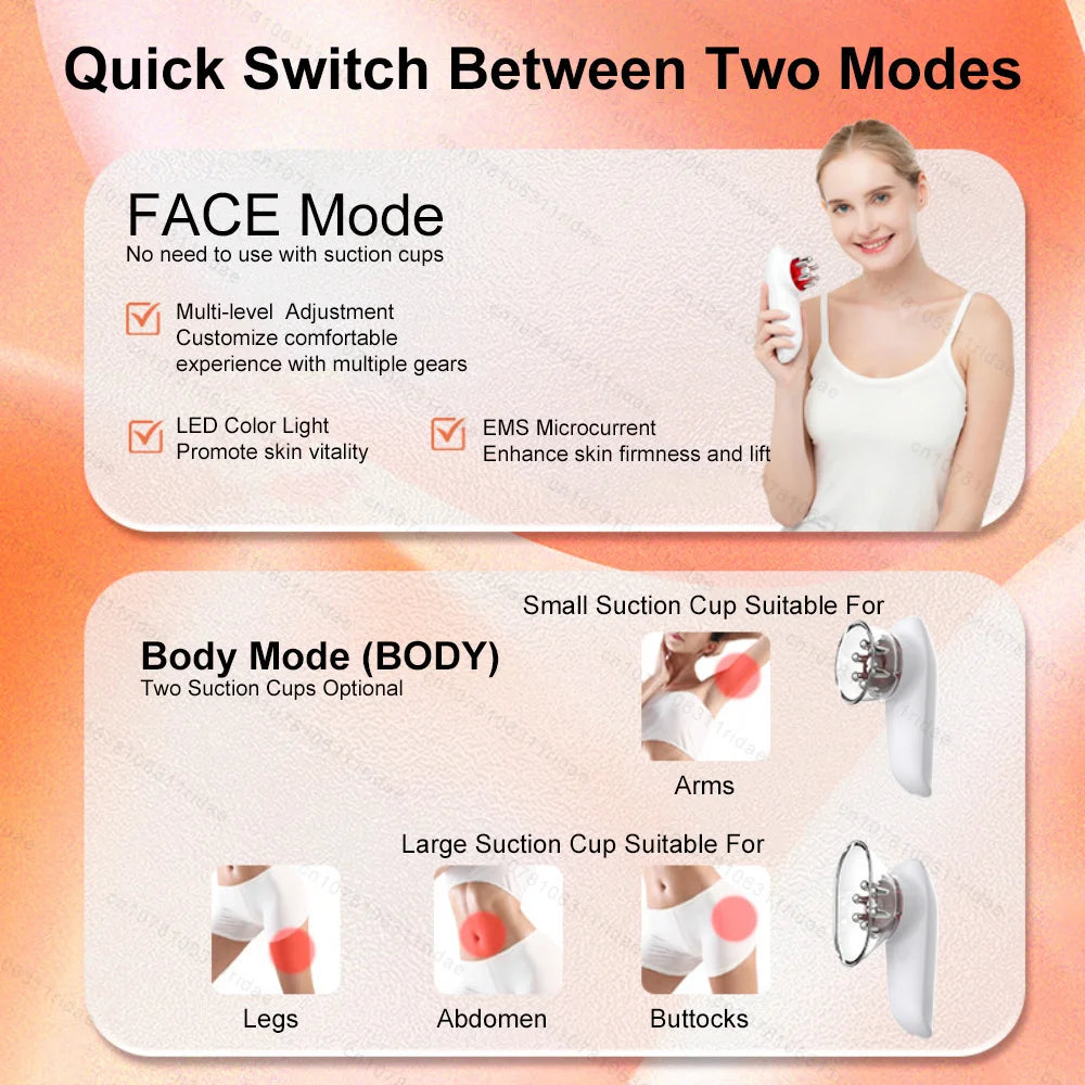A device for switching between Face Mode and Body Mode, showing various suction cups for different areas.