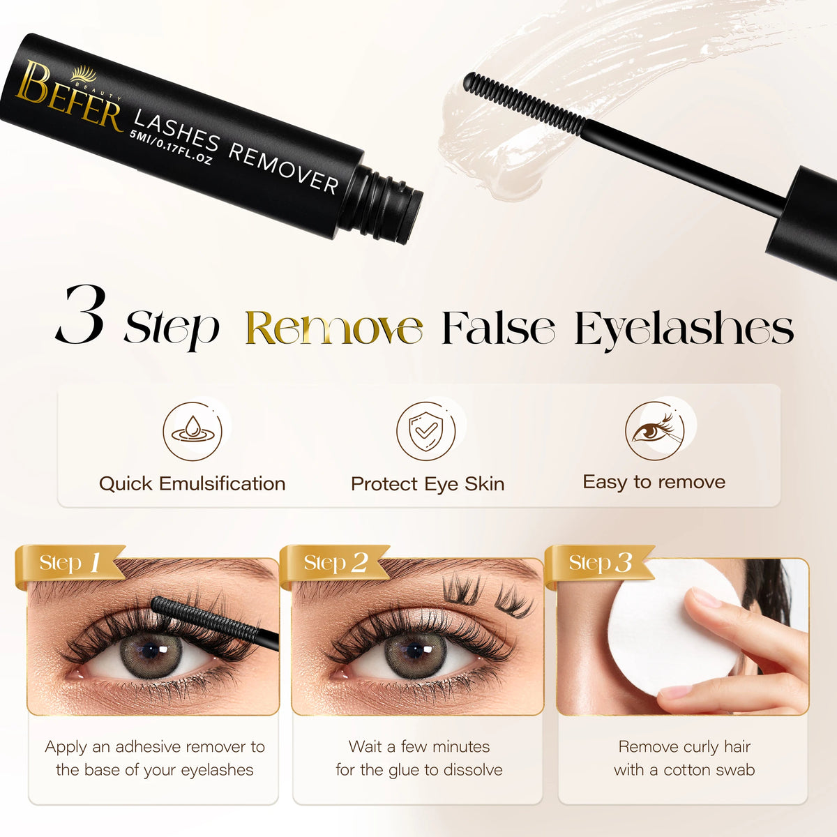 A 3 step process for removing false eyelashes using a Befer lash remover kit