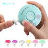 A hand holds a light blue electric manicure tool with various colored tips for baby nails.