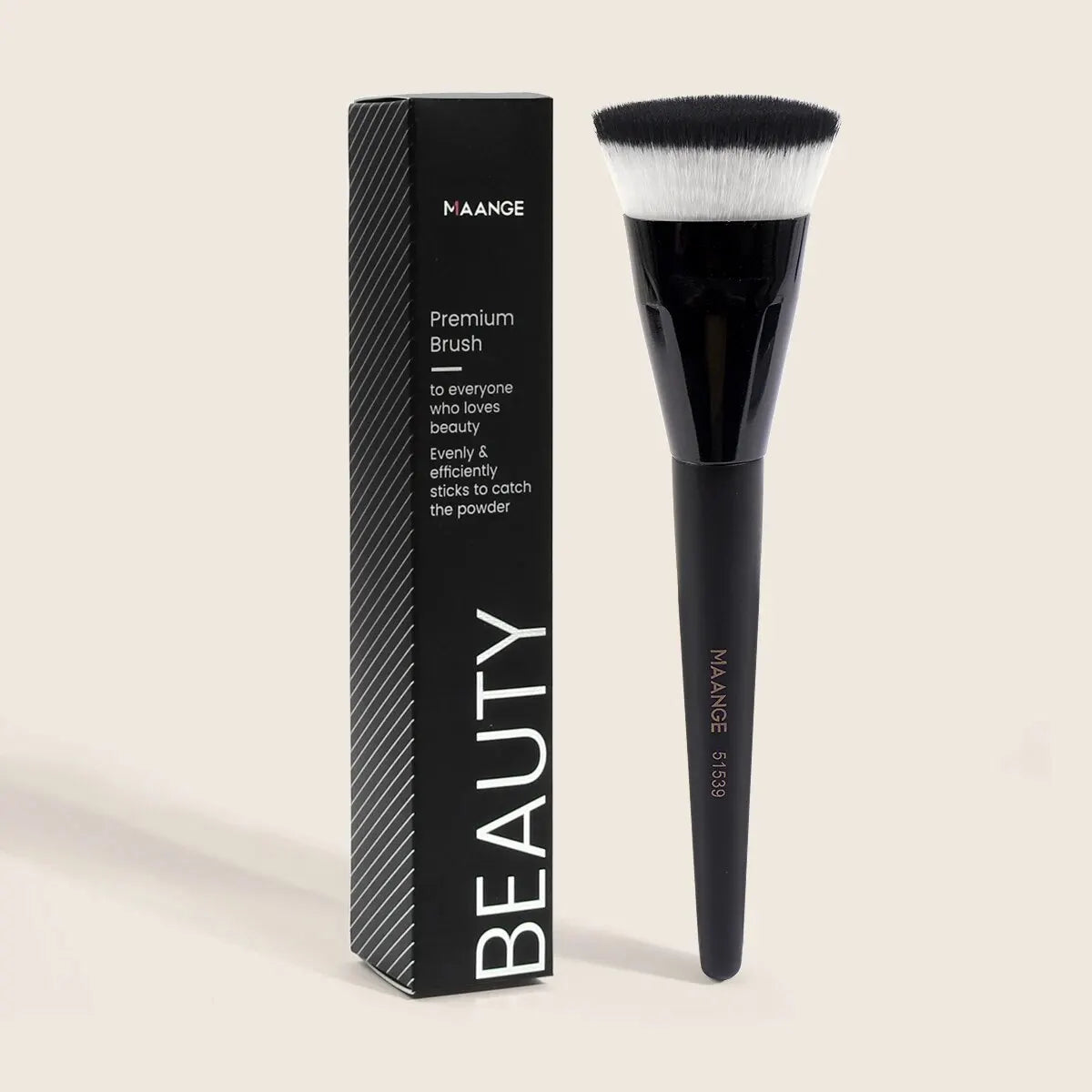A black Maange premium flat kabuki foundation brush with a white synthetic hair bristles.