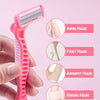 A pink multifunctional women's razor is shown being held by a hand, with inset images demonstrating hair removal on arm, feet
