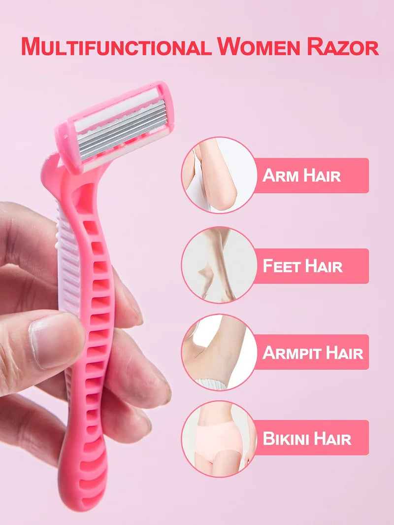 A pink multifunctional women's razor is shown being held by a hand, with inset images demonstrating hair removal on arm, feet