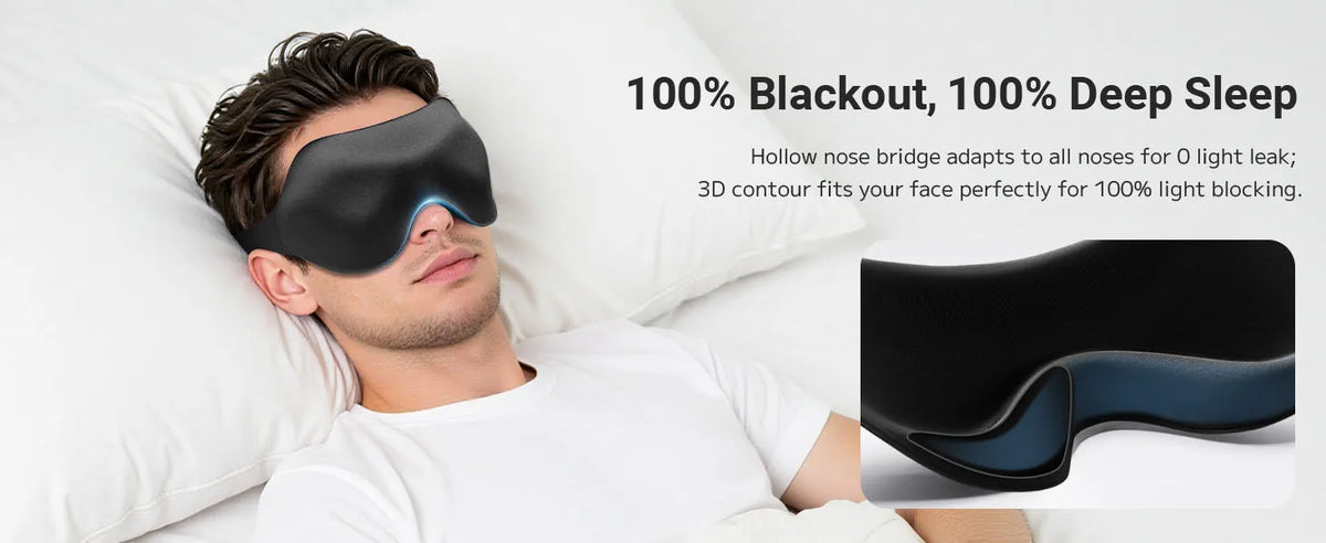 Un homme dort confortablement avec un masque de sommeil noir conçu pour un noir total et un sommeil profond.