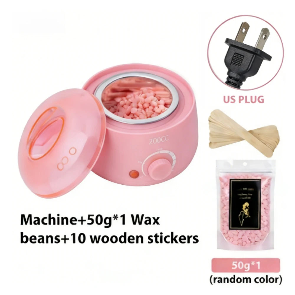 Rosa Paraffinwachs-Heizgerät mit Deckel, Wachsbohnen und Holzstickern neben einem US-Stecker