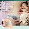 A baby is shown with a silicone scar sheet applied to their skin, next to the rolled-up product.