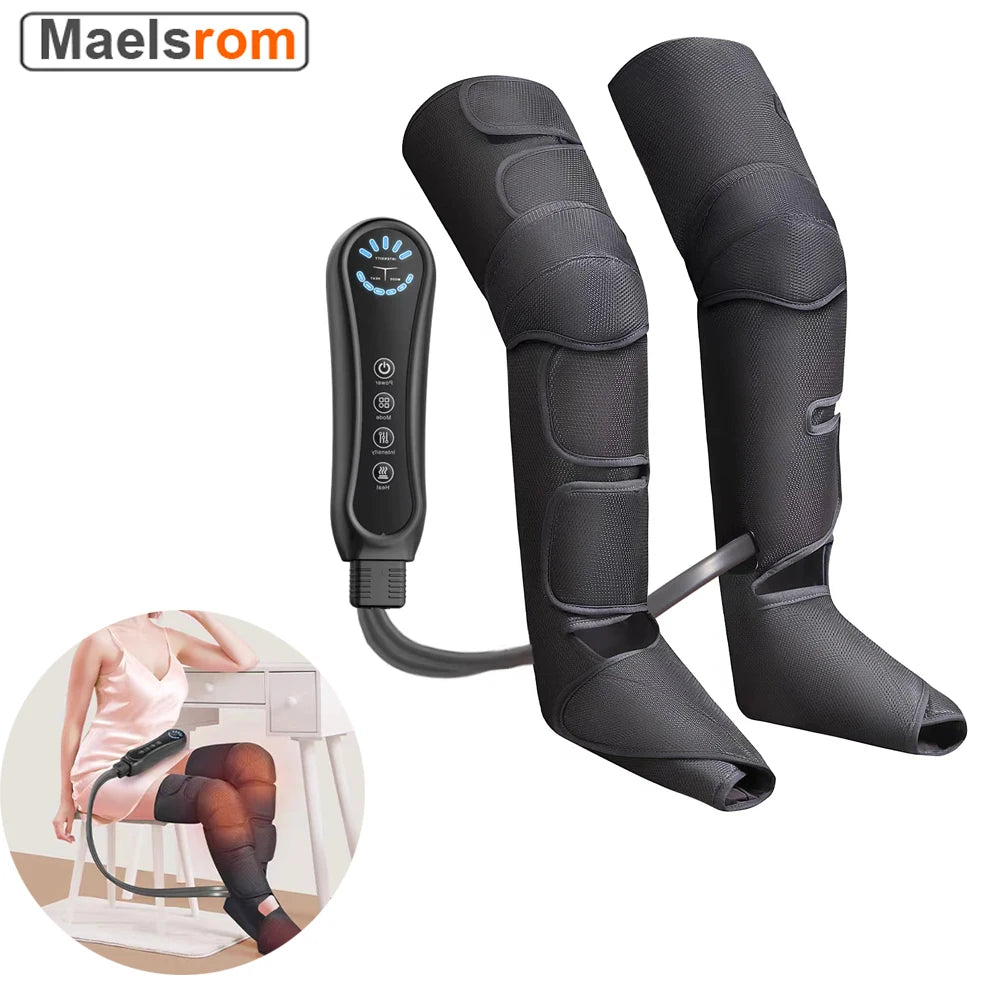 Black air compression leg massager device with a cord and a leg wrap shown next to a person.