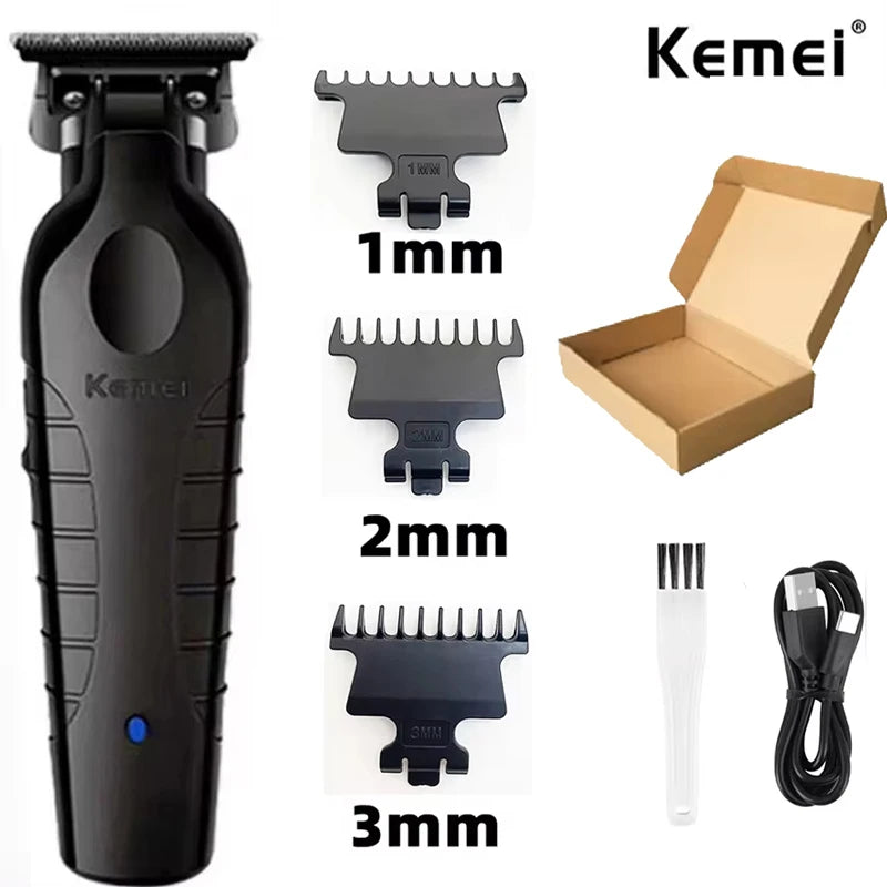 A set of professional electric hair clipper trimmers in black, showing various blade sizes and the main body.