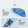 Three views of a blue rechargeable hair trimmer showing its USB interface, simple switch, and sturdy hanging ring.