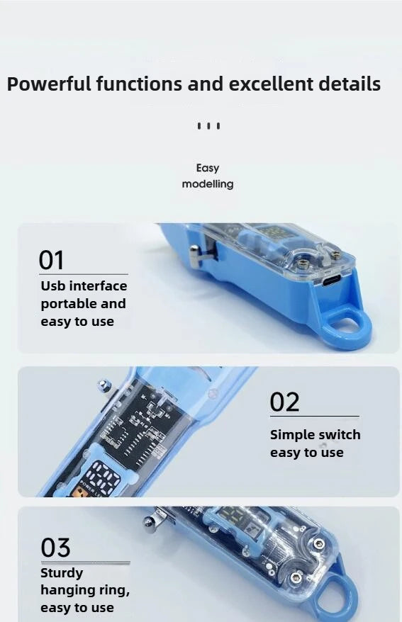 Three views of a blue rechargeable hair trimmer showing its USB interface, simple switch, and sturdy hanging ring.