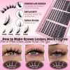 A set of black eyelash curlers and brushes for creating brown lashes, shown alongside doe eye, cat eye, and wispy lash exampl