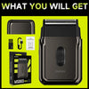 A black compact foil shaver with a precision trimmer and accessories shown on a yellow background.