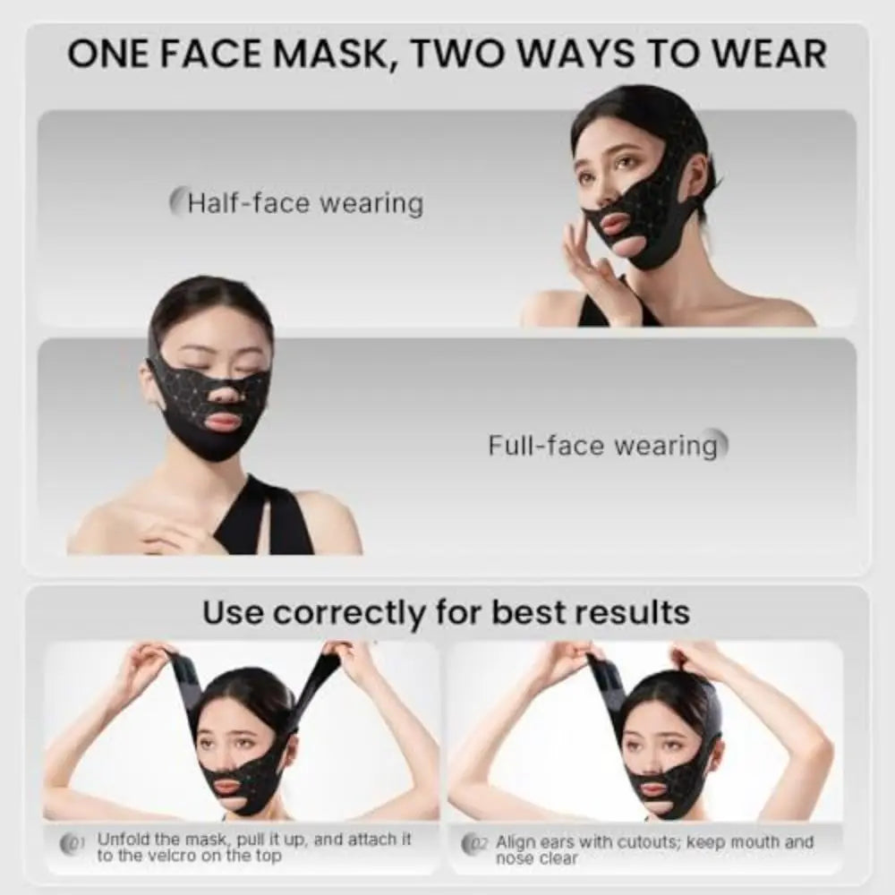 Demonstration of one face mask used in half-face and full-face ways for jawline toning