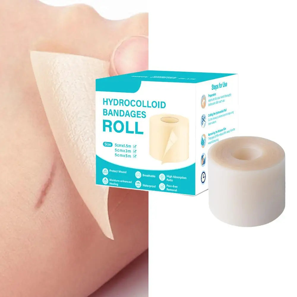 A roll of hydrocolloid bandages shown next to a finger, illustrating the product for wound care.