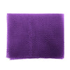 A purple reusable exfoliating bath sponge washcloth with a mesh texture.