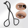 A black stainless steel wide-angle eyelash curler shown with close-up images demonstrating its use on an eye.