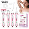 A box showing a Gertzy grooming kit with four electric shavers in pink and white.