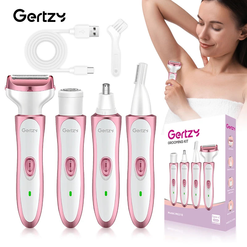 A box showing a Gertzy grooming kit with four electric shavers in pink and white.