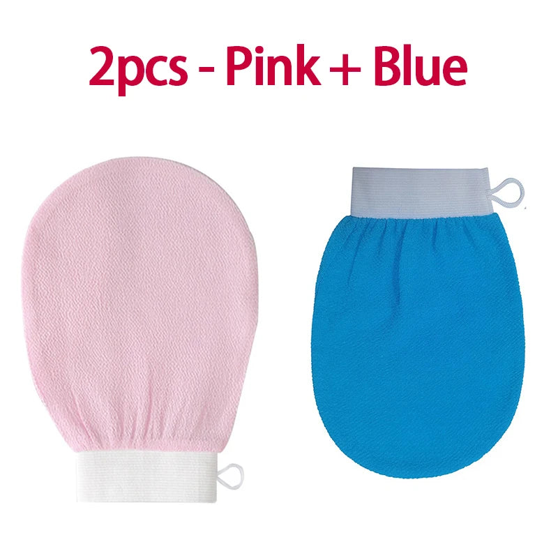 Two exfoliating body scrubbing gloves, one pink and one blue, shown side by side.