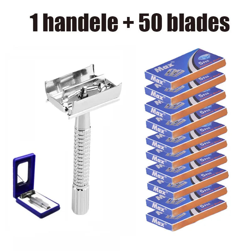 A set of one handle and fifty blades for a double-sided safety stainless steel razor.