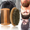 A set of wooden boar bristle beard brush and comb with a black gift bag shown alongside various facial hair examples.