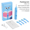Packaging list for an electric toothbrush set including the main unit, brush heads, charging cable, manual, and instructions.