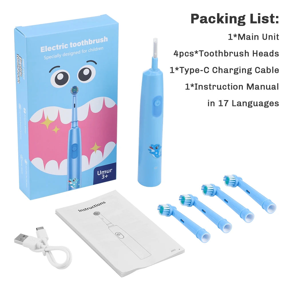 Packaging list for an electric toothbrush set including the main unit, brush heads, charging cable, manual, and instructions.