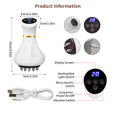 White handheld massager with a display screen and vibration switch, shown next to its power cord.