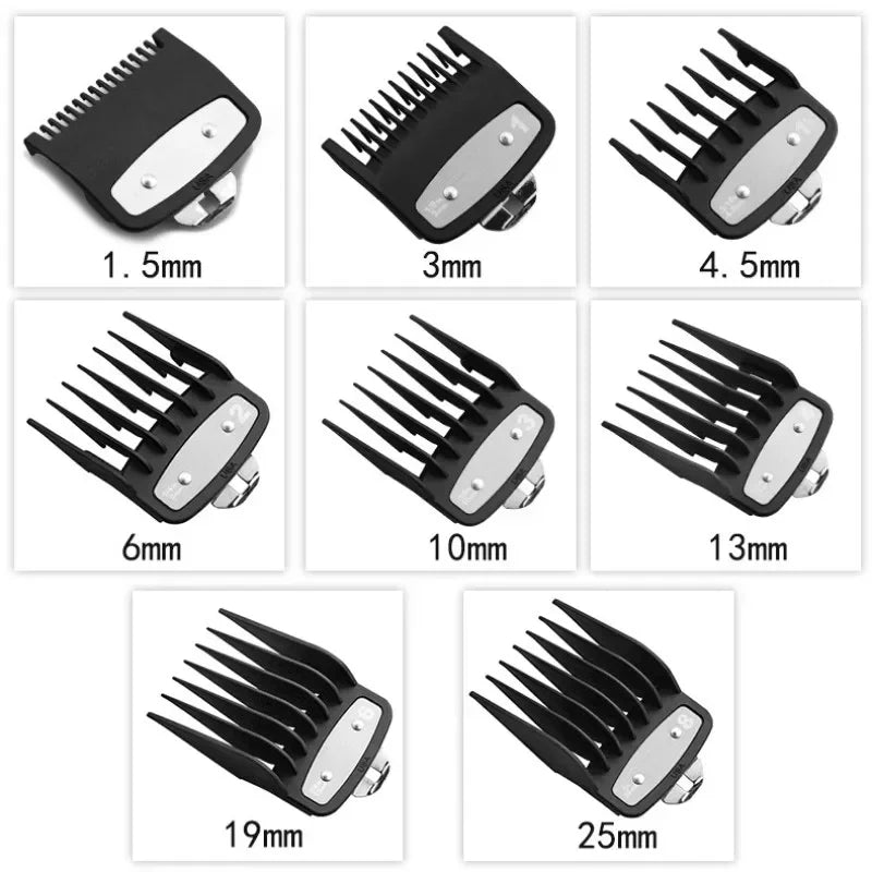 A collection of professional cordless hair trimmers showing various sizes from 1.5mm to 25mm.