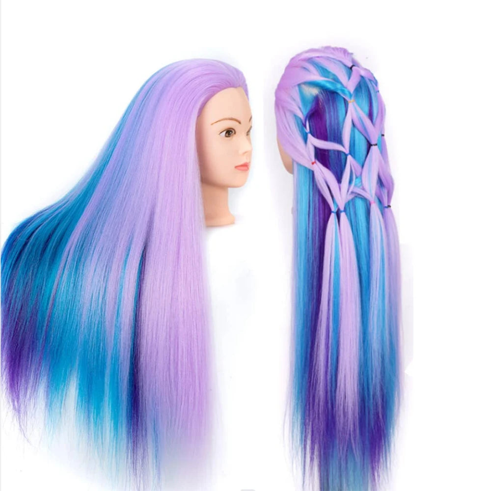 A professional cosmetology mannequin head displaying long, vibrant purple and blue hair styled in braids