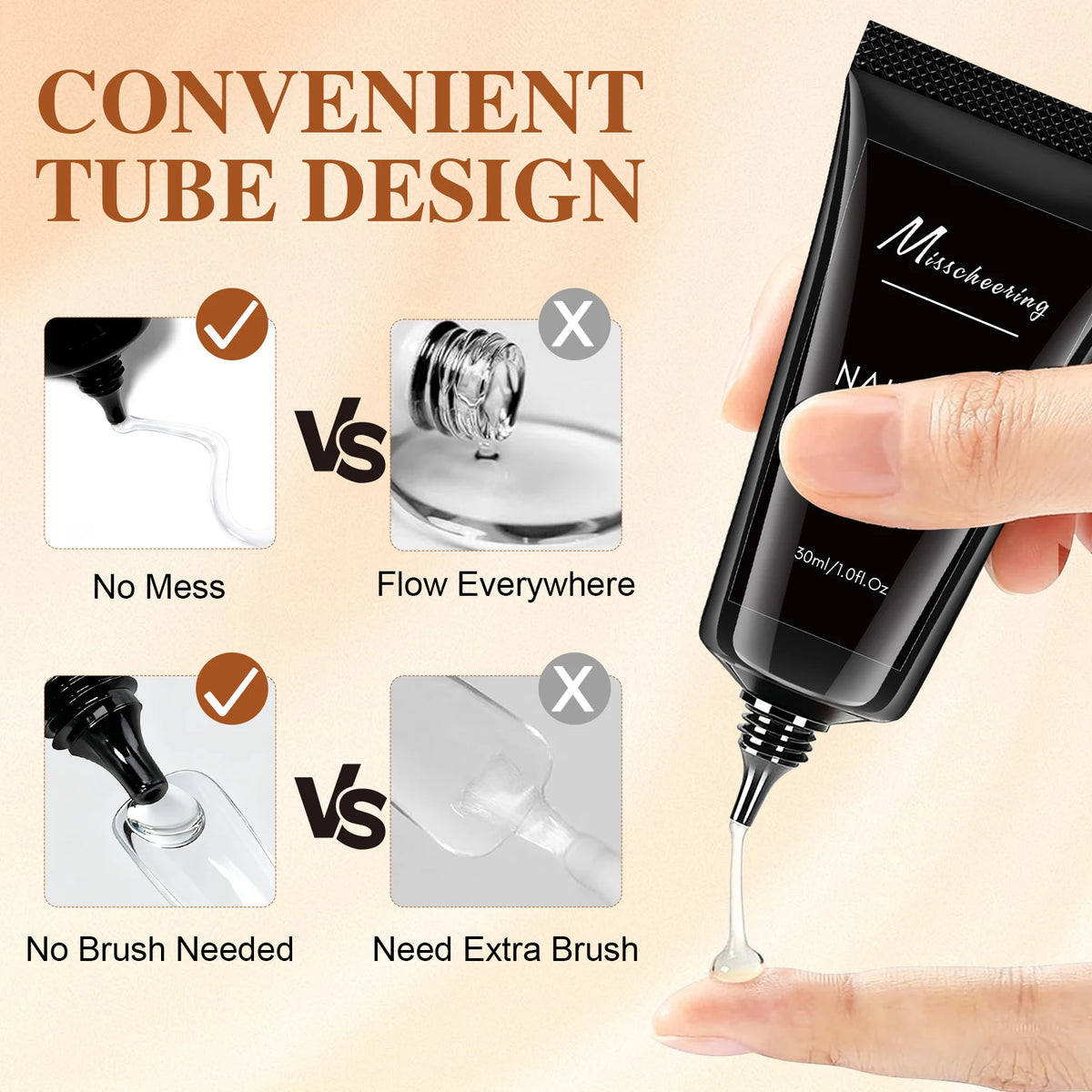 A black tube of nail glue with a convenient design is shown next to a hand applying the product.