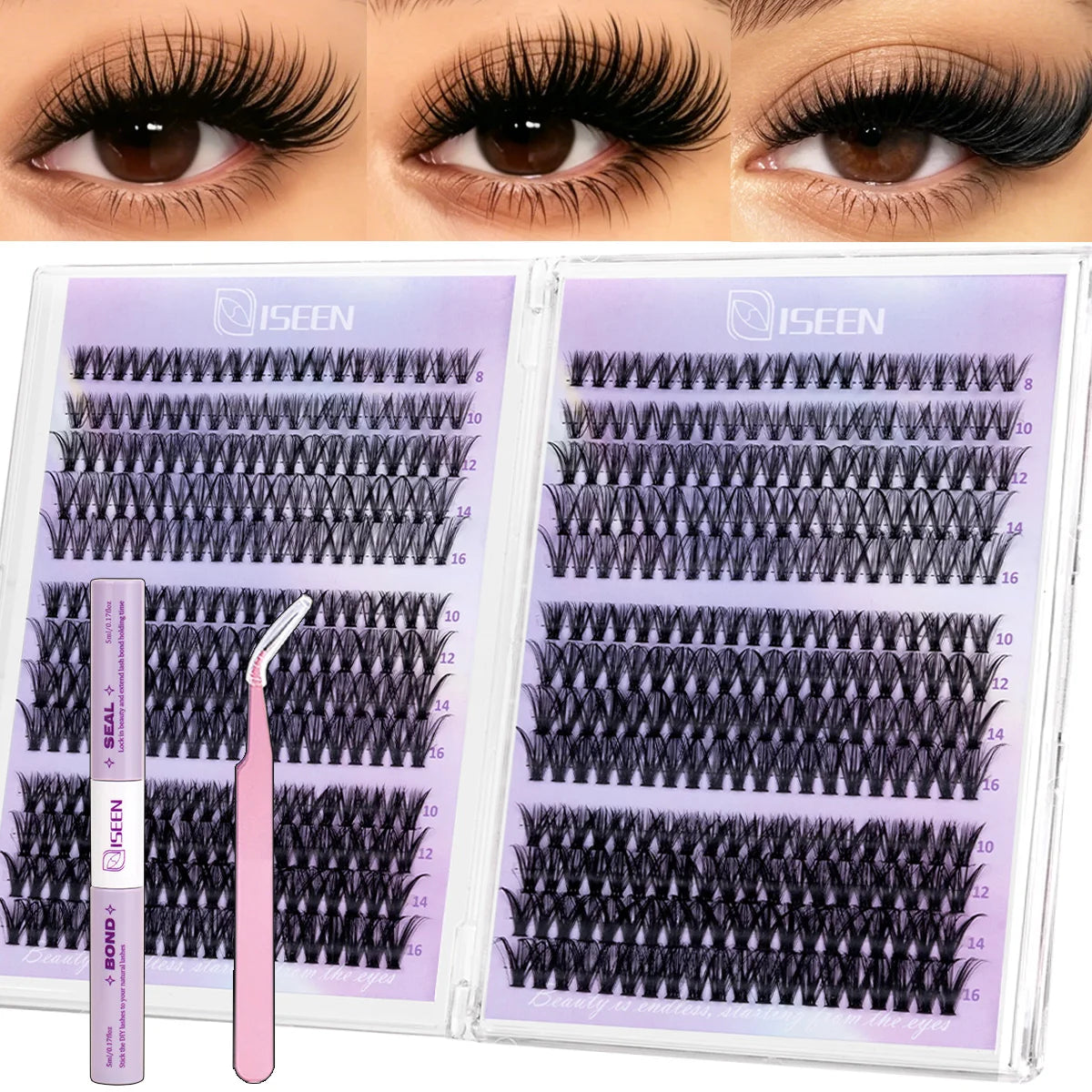 A set of DIY cluster lash kit with bond and seal tweezers showing various lash styles and application tools.