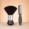 A black professional hair styling and cleaning brush set featuring a wide brush and a fine-toothed comb.