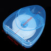 A clear plastic container holds a spool of white nylon dental floss with measurements marked.