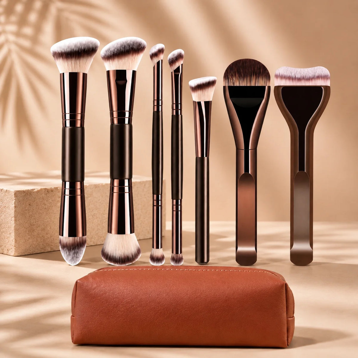 Un set de brochas de maquillaje profesionales de doble extremo en varios tonos, exhibidas sobre una superficie de madera.