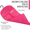 A pink collapsible wig storage bag with a transparent front is shown.