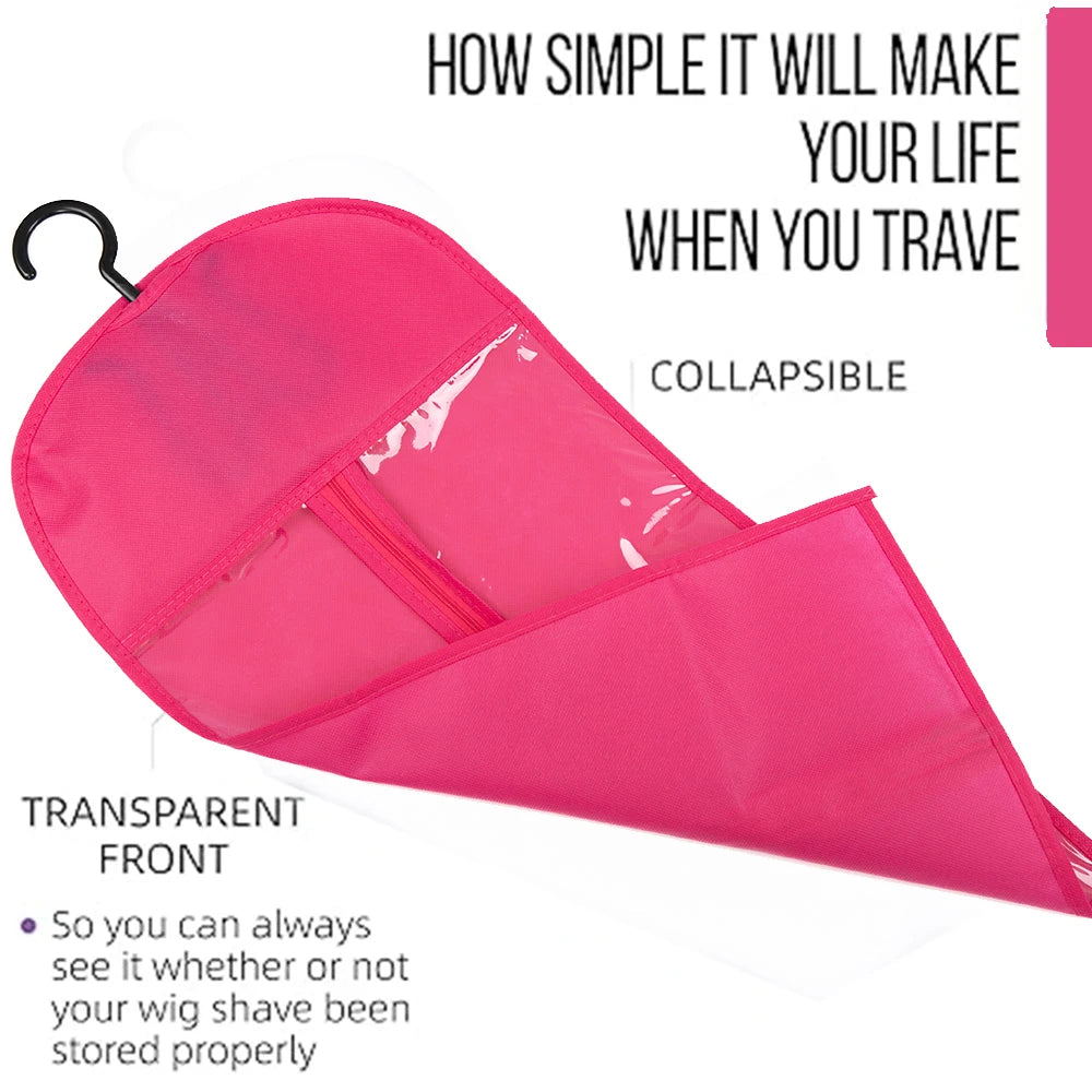 A pink collapsible wig storage bag with a transparent front is shown.