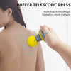 A hand is using a yellow and gray buffer telescopic press massage tool on a person's shoulder.