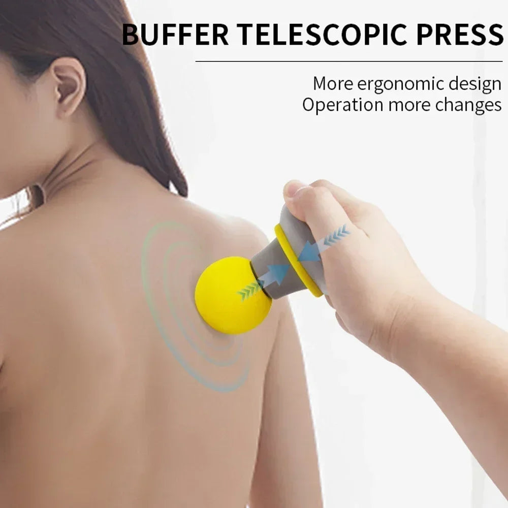 A hand is using a yellow and gray buffer telescopic press massage tool on a person's shoulder.