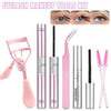 An eyelash makeup tools kit featuring a pink silicone lash curler, mascara, and lash remover.