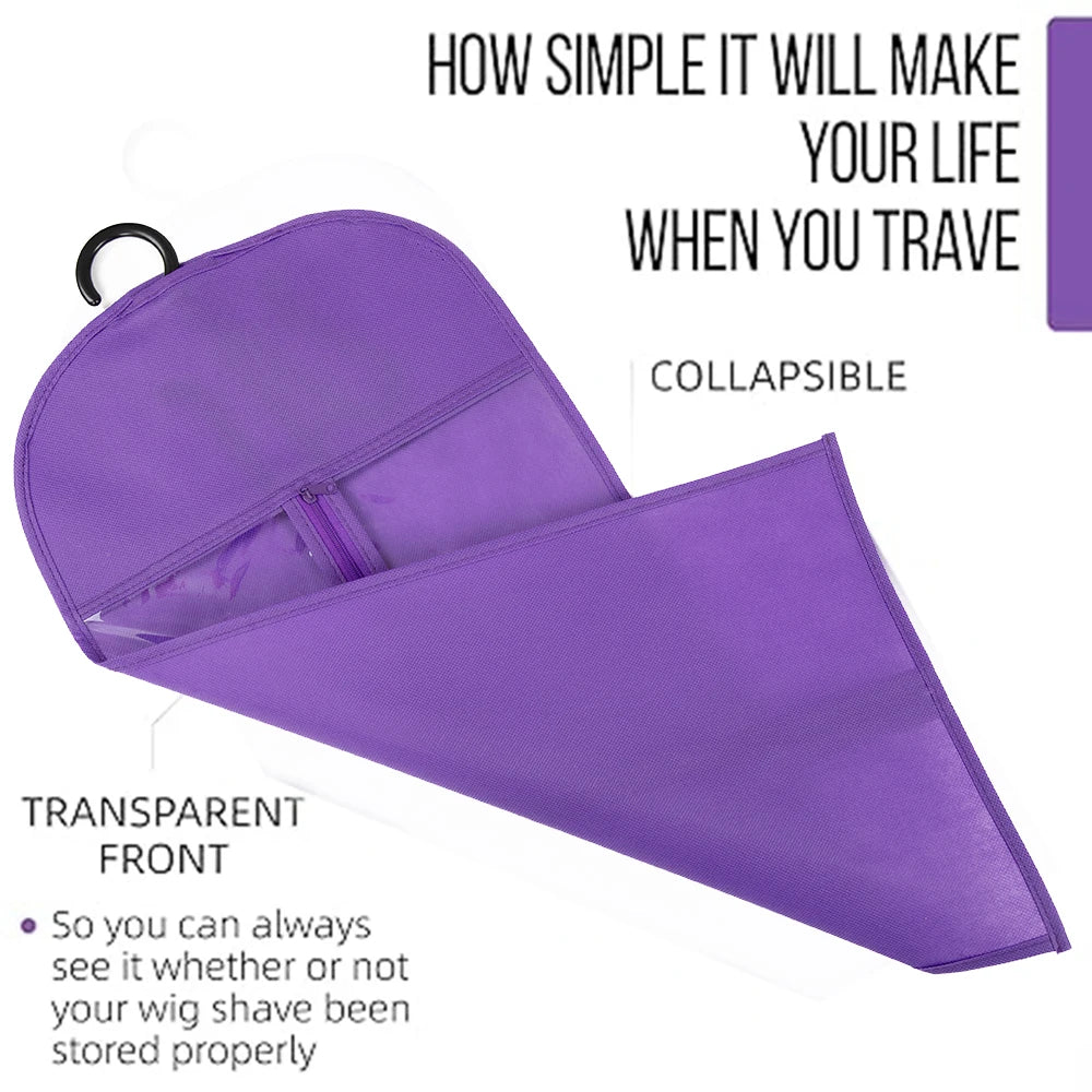 A purple collapsible wig storage pouch with a transparent front is shown.